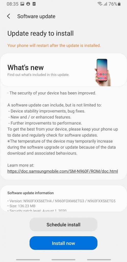 Setul de patch-uri Android de luna august 2020 pentru Samsung Galaxy Note9 este disponibil pentru instalare via firmware-ul N960FXXS6ETH4 / N960FXXS6ETG5 / N960FOXM6ETG3.