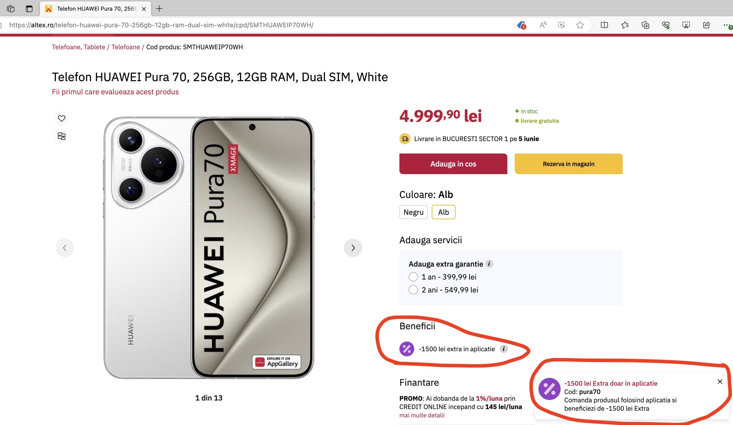 Modelele HUAWEI Pura 70 și Pura 70 Ultra au discount de 1500 de lei pe Altex și eMAG