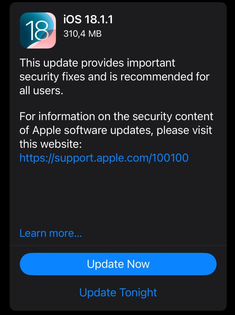 Apple a lansat aseară iOS 18.1.1 pentru dispozitivele iPhone compatibile și vă recomand să îl puneți rapid pentru că repară probleme majore de securitate.